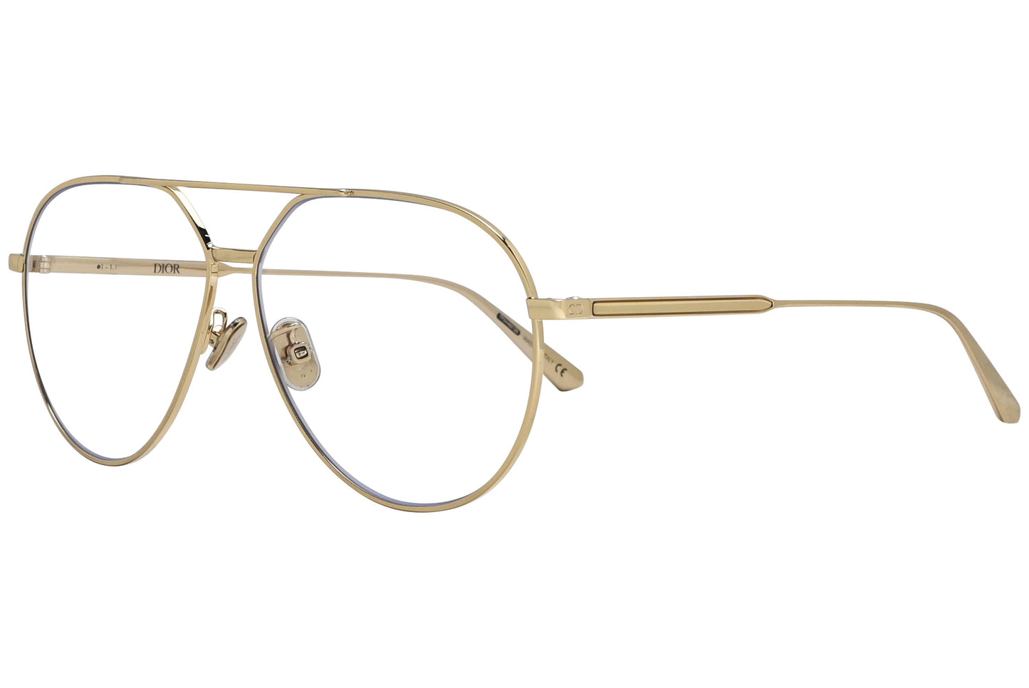 christian-dior oval gold eyeglasses frame viewed from a 45-degree angle.