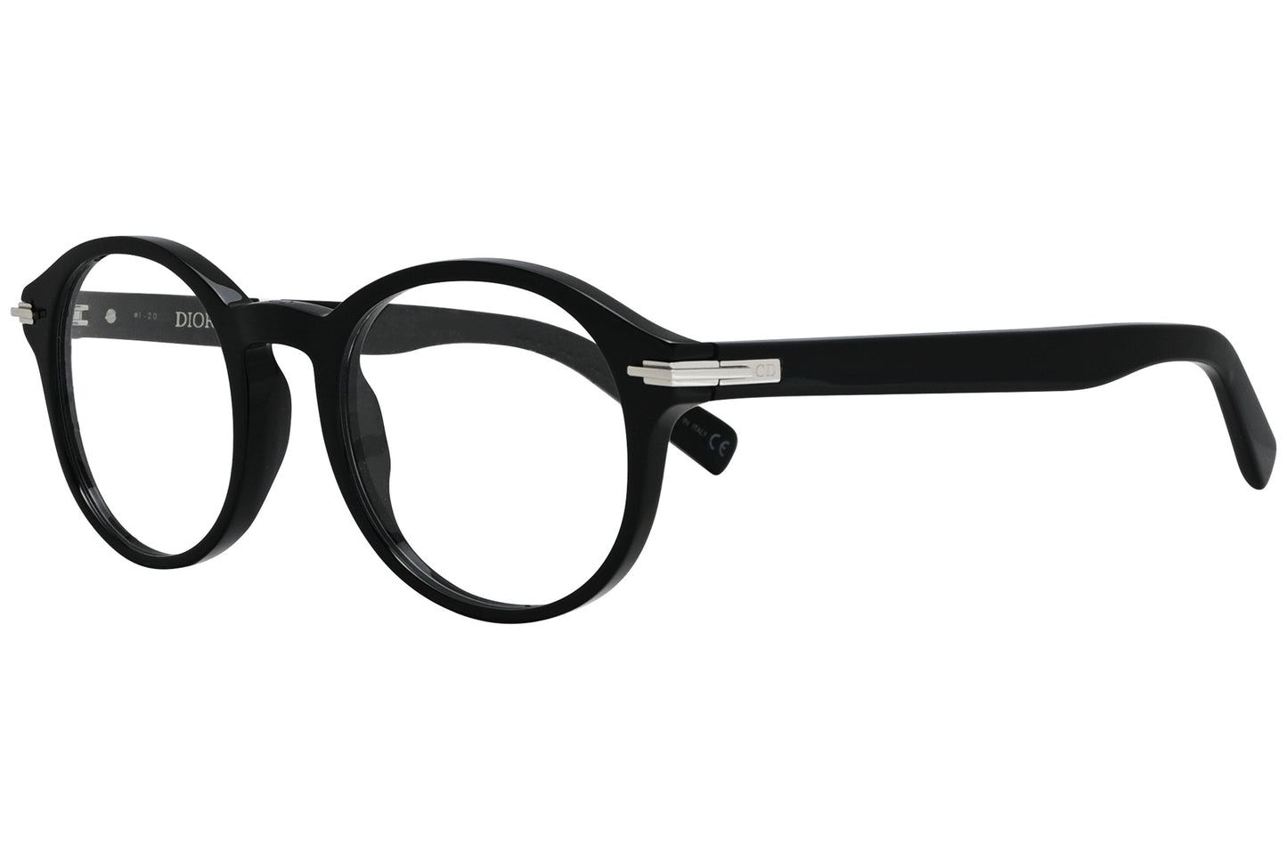 christian-dior oval black eyeglasses frame viewed from a 45-degree angle.