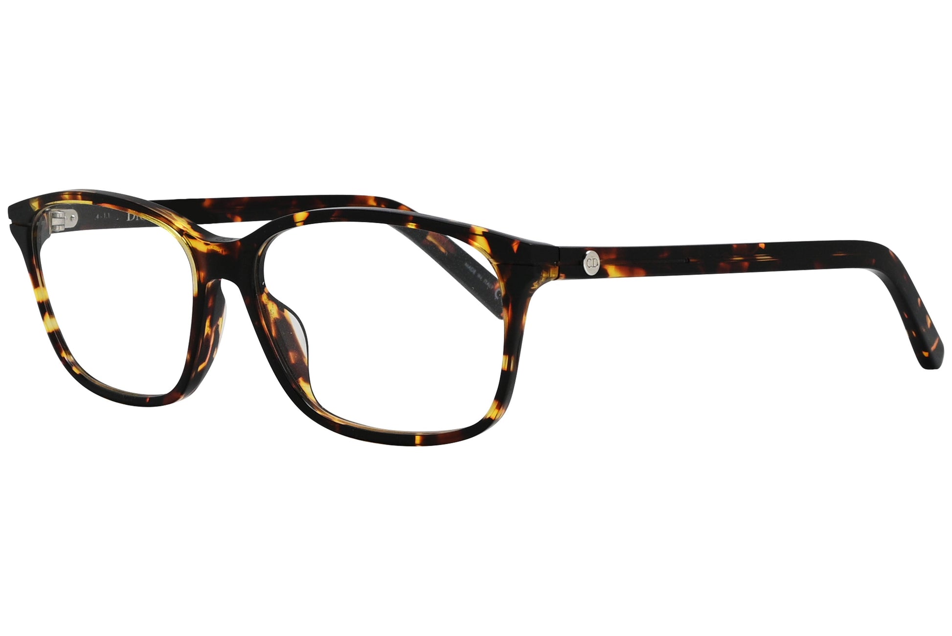 christian-dior oval black with gold eyeglasses frame viewed from a 45-degree angle.