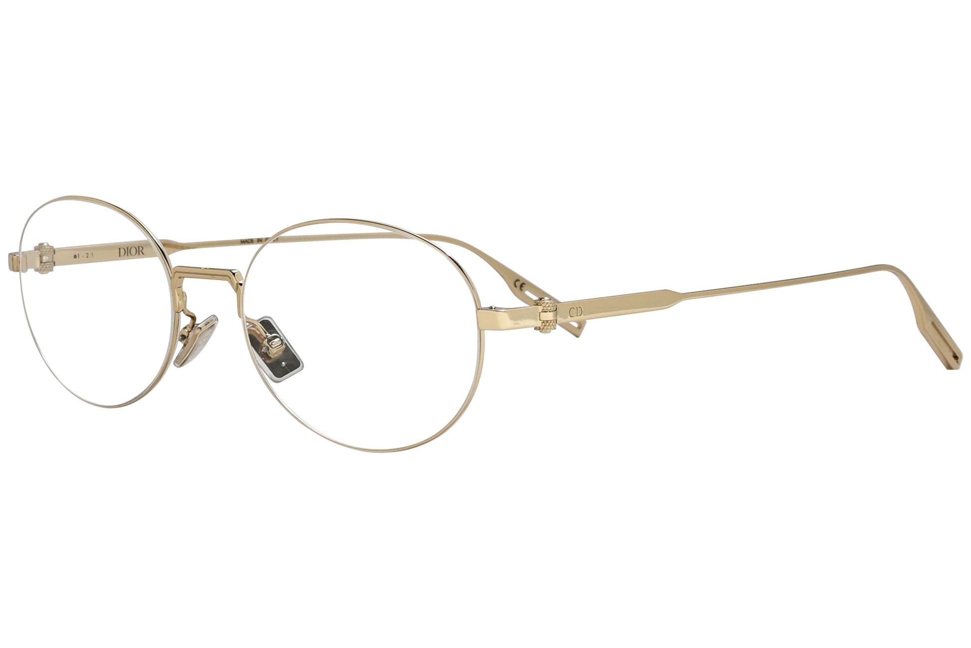 christian dior oval gold eyeglasses frame viewed from a 45-degree angle.