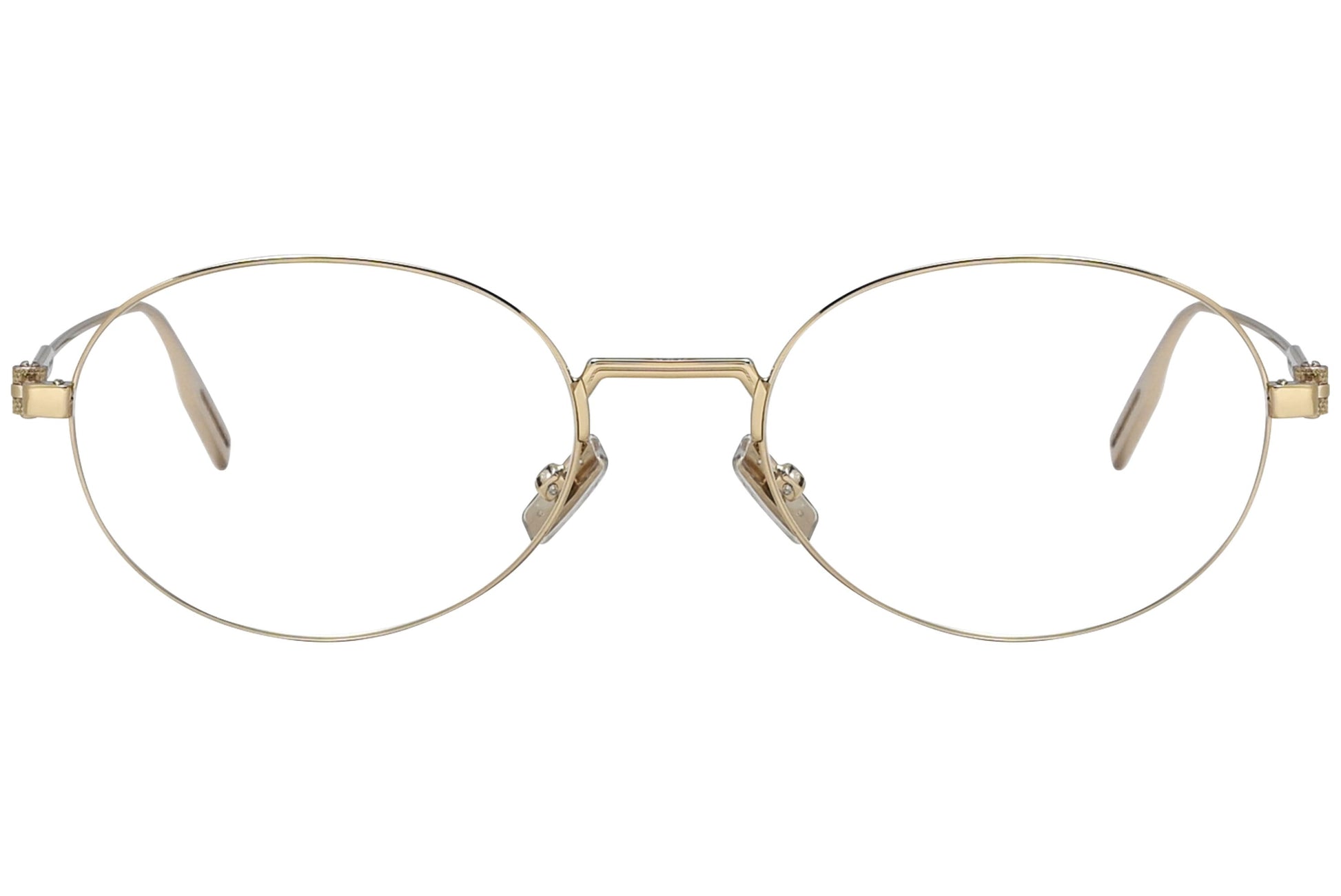 christian dior oval gold eyeglasses frame viewed from front angle.