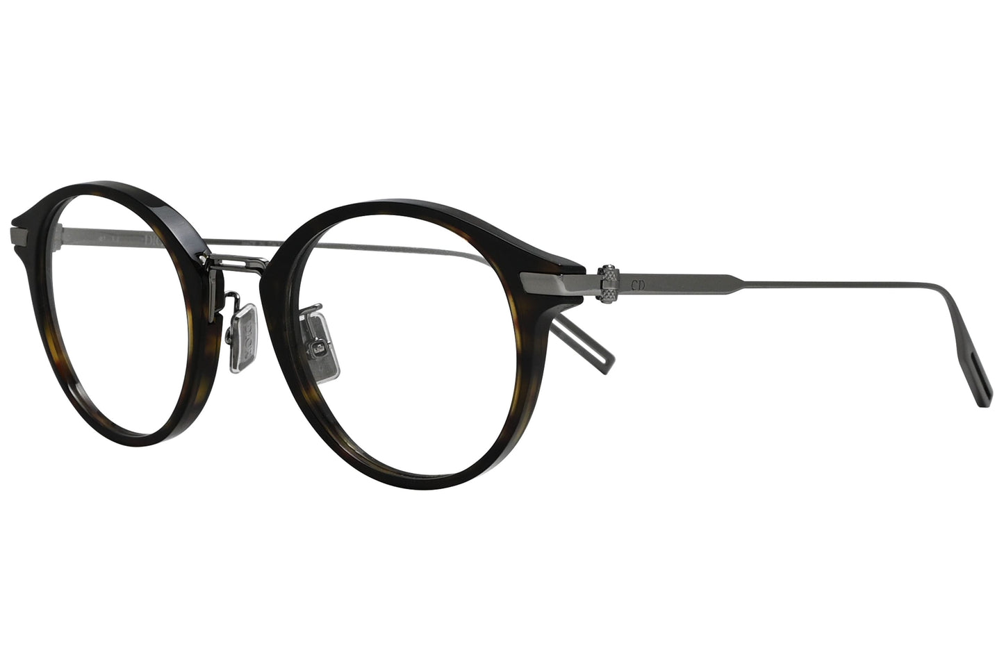 christian dior round silver eyeglasses frame viewed from a 45-degree angle.