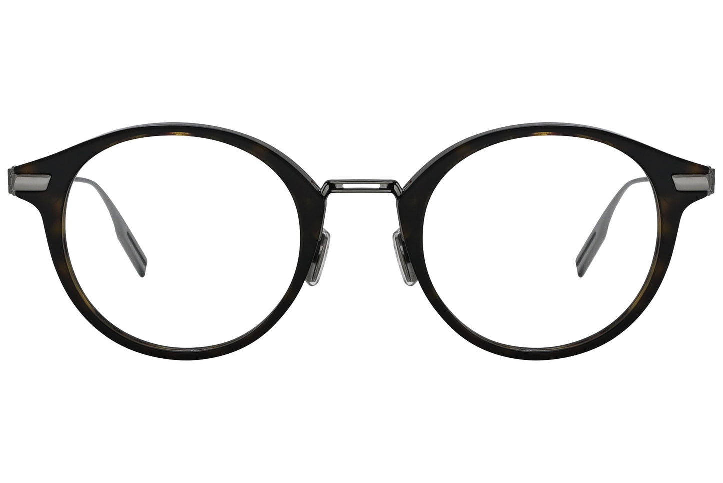 christian dior round silver eyeglasses frame viewed from front angle.