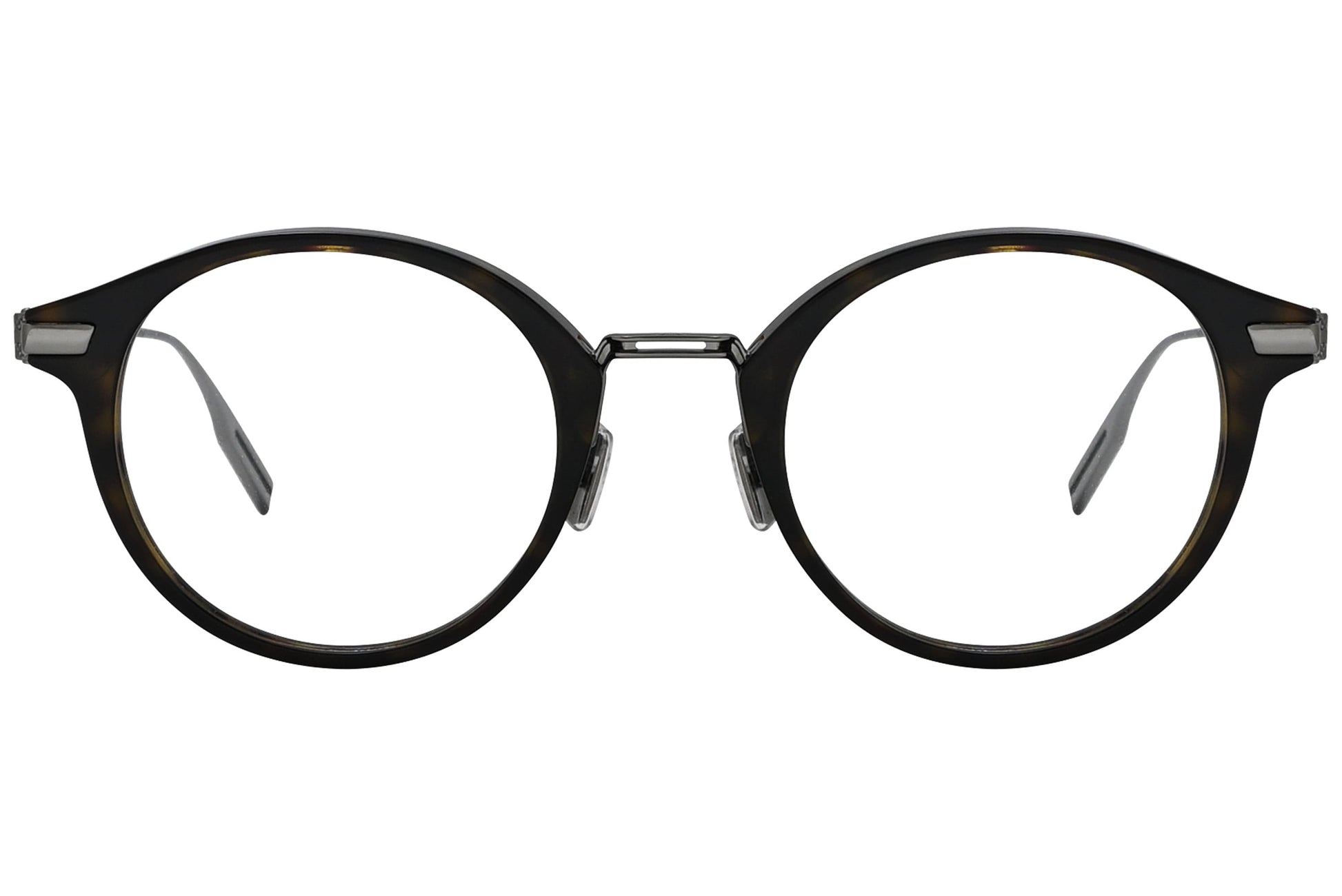 christian dior round silver eyeglasses frame viewed from front angle.