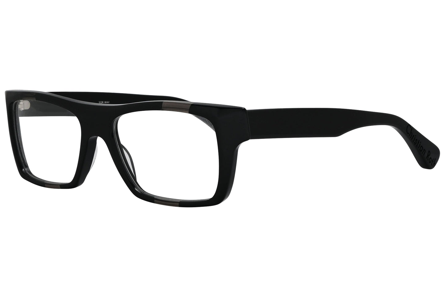 christian roth sqr-wav black eyeglasses frame viewed from a 45-degree angle.