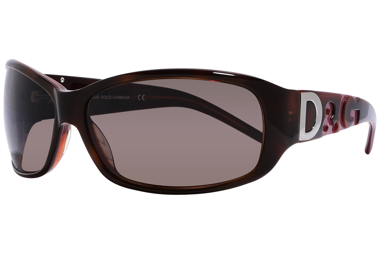 Side view of Dolce & Gabbana red wrap-around sunglasses with curved shield lens and logo