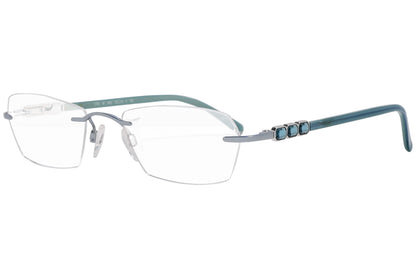 daniel swarovski rimless green eyeglasses frame viewed from a 45-degree angle.