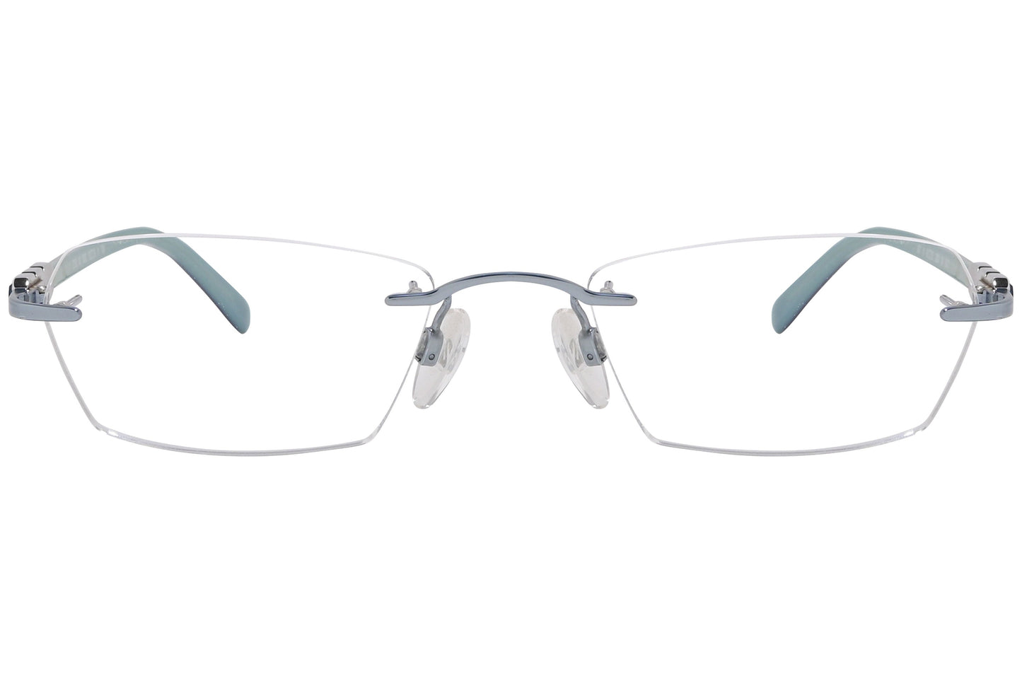 daniel swarovski rimless green eyeglasses frame viewed from front angle.