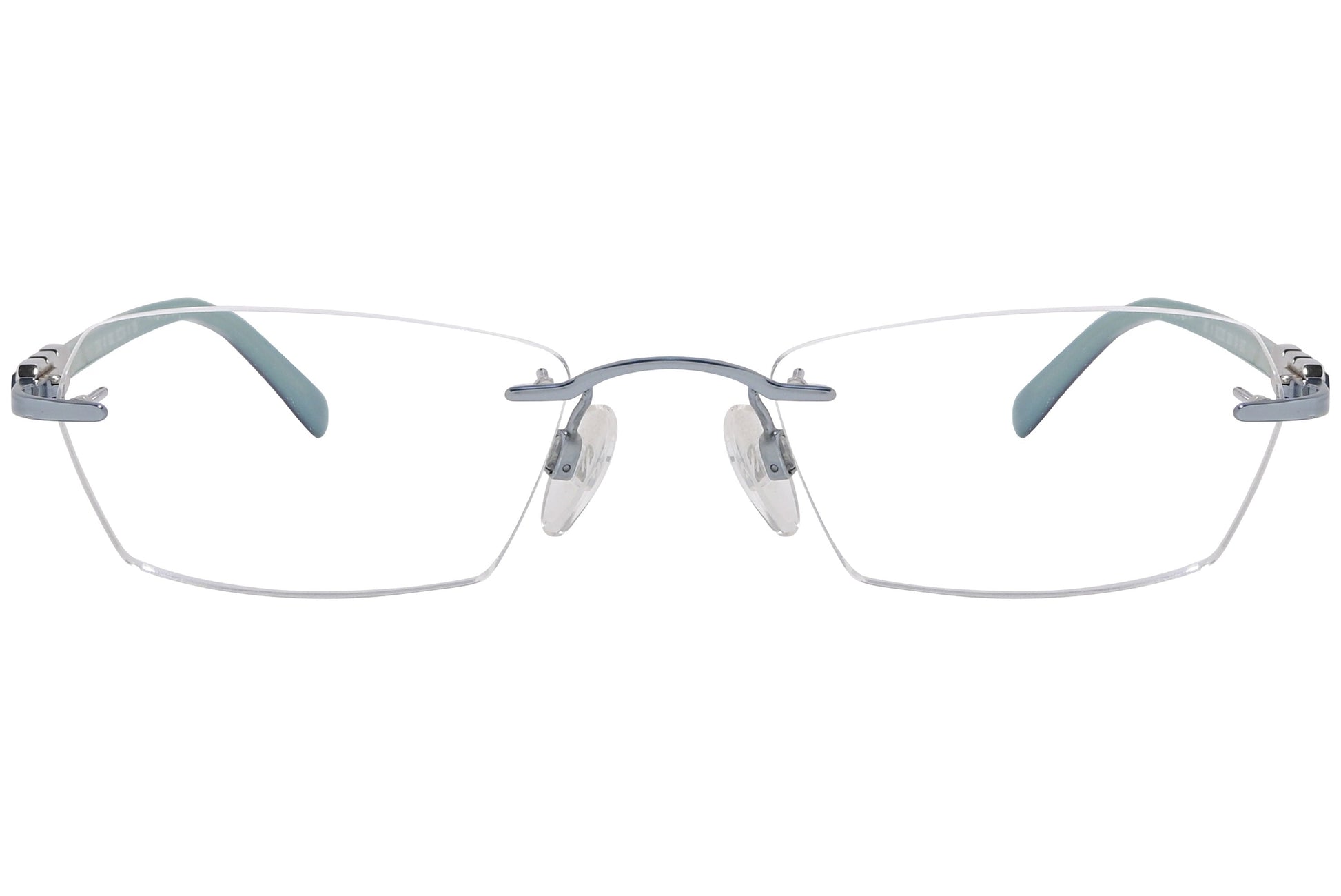 daniel swarovski rimless green eyeglasses frame viewed from front angle.