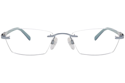 daniel swarovski rimless green eyeglasses frame viewed from front angle.