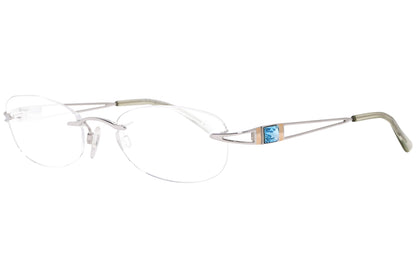 daniel swarovski rimless blue eyeglasses frame viewed from a 45-degree angle.