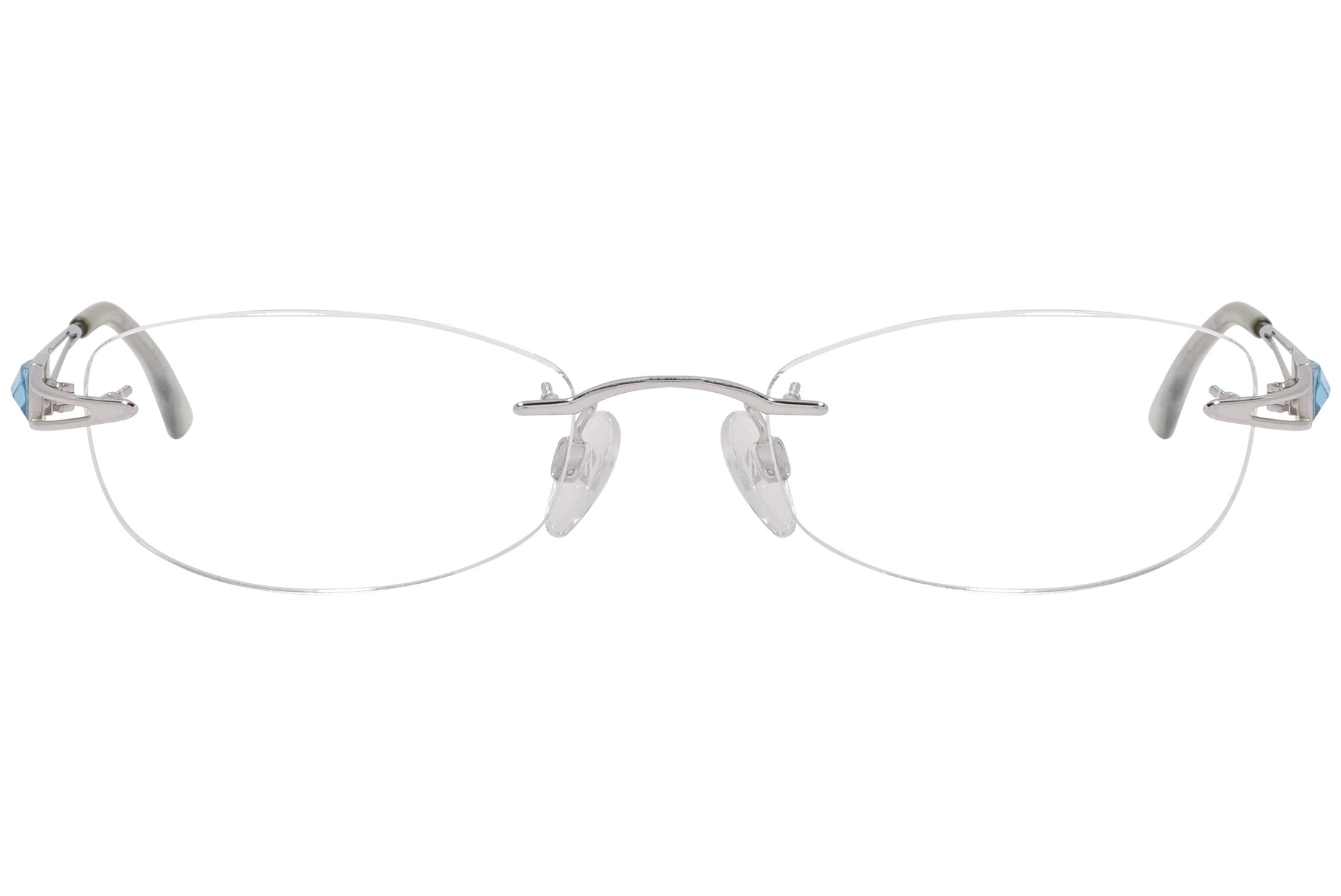 daniel swarovski rimless blue eyeglasses frame viewed from front angle.