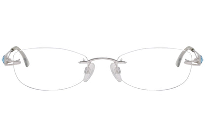 daniel swarovski rimless blue eyeglasses frame viewed from front angle.