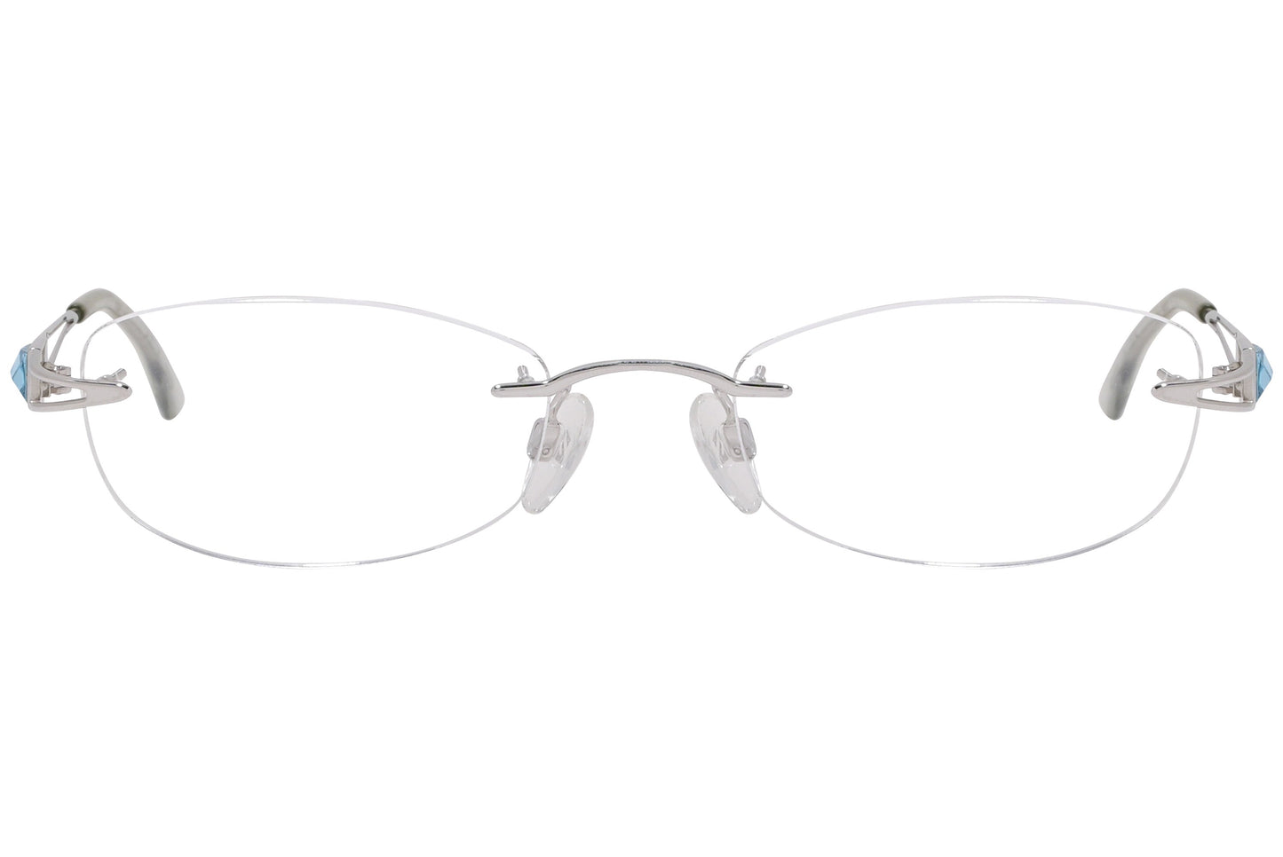 daniel swarovski rimless blue eyeglasses frame viewed from front angle.