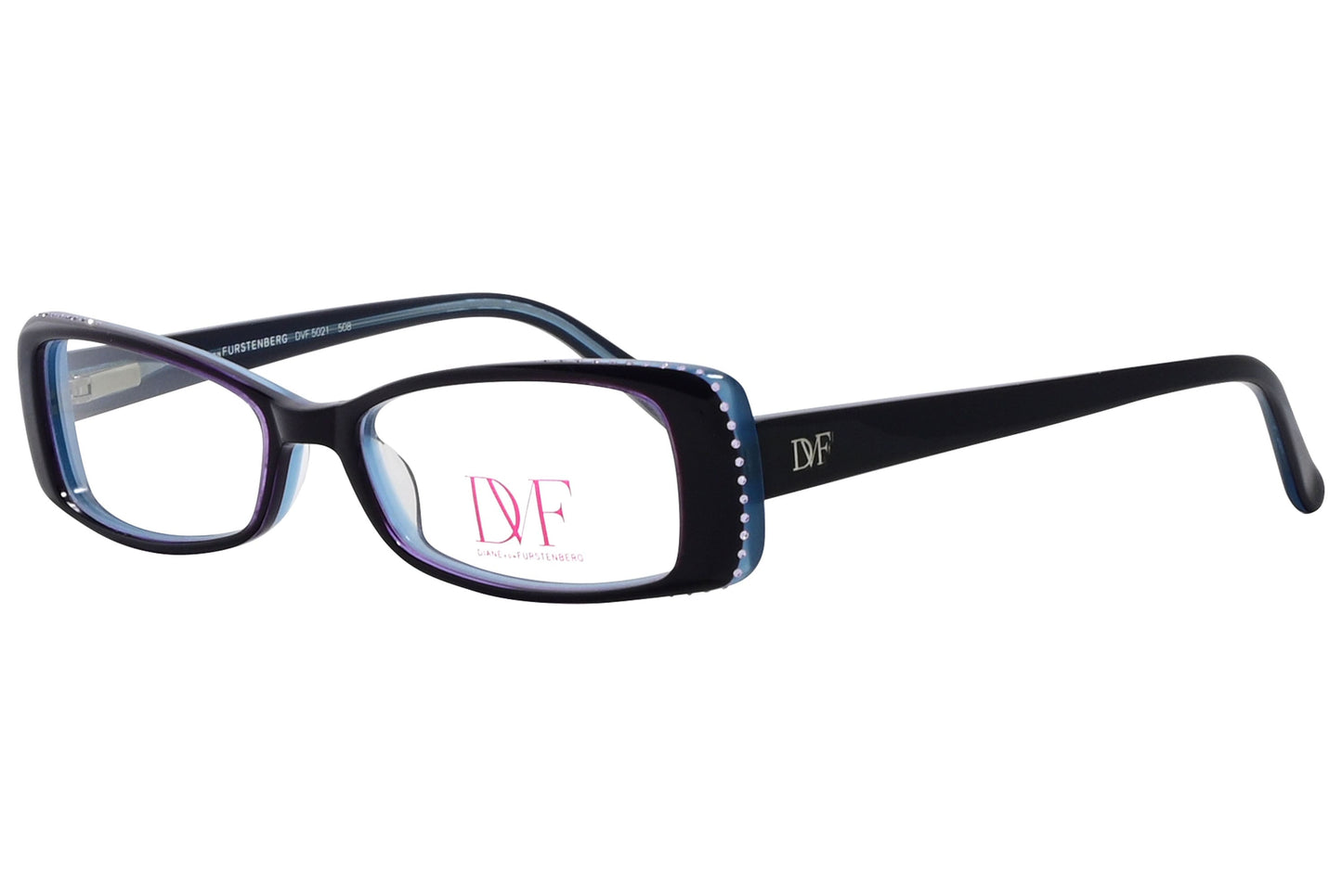 diane von furstenberg rectangle black eyeglasses frame viewed from a 45-degree angle.