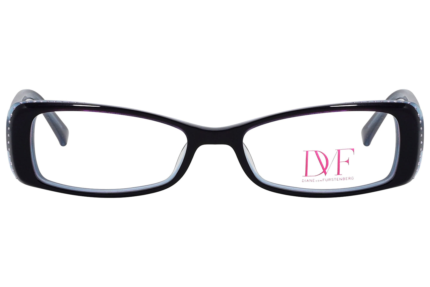 diane von furstenberg rectangle black eyeglasses frame viewed from front angle.