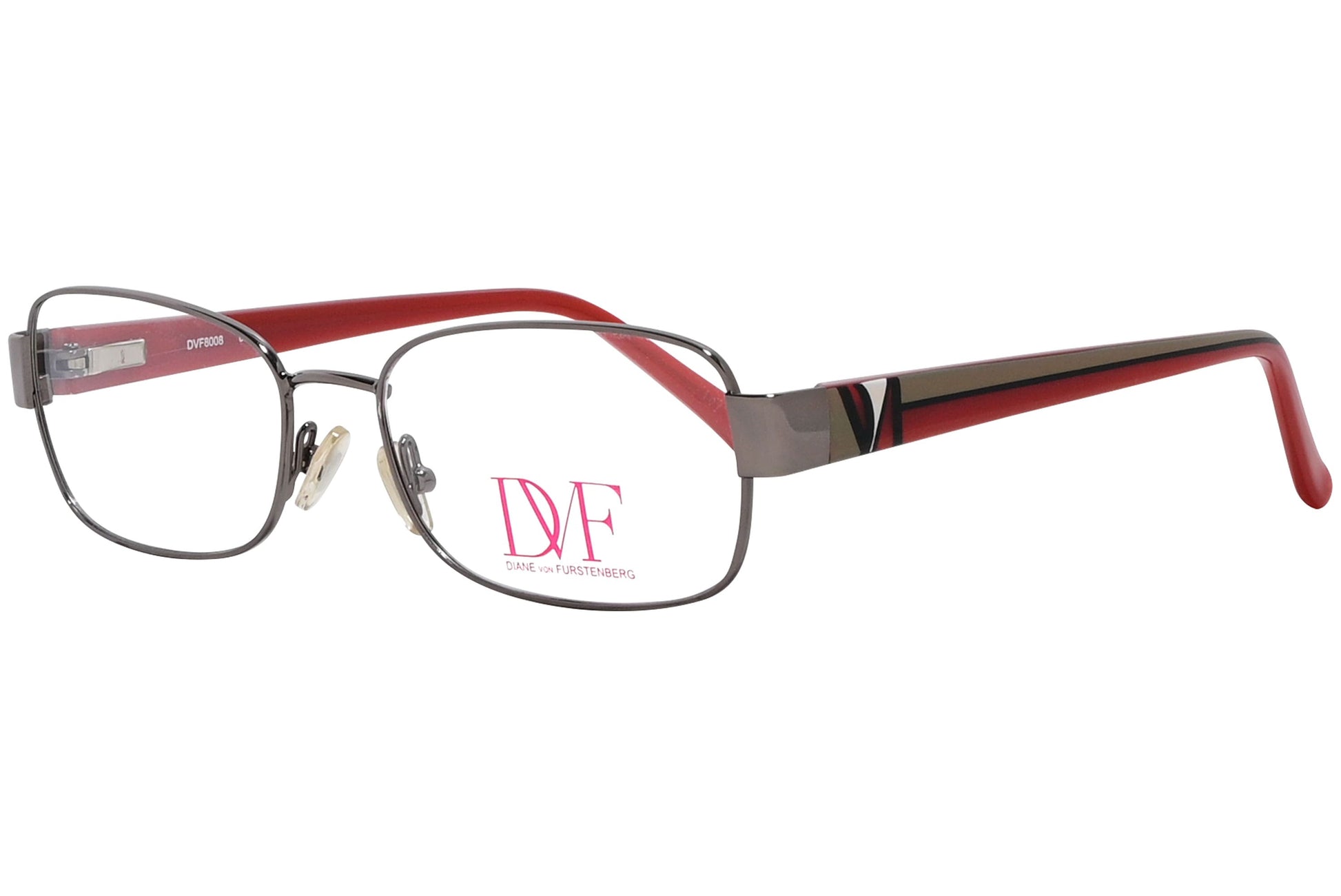 diane von furstenberg rectangle red eyeglasses frame viewed from a 45-degree angle.