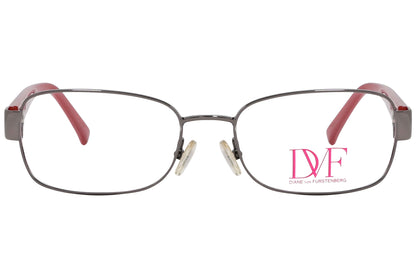 diane von furstenberg rectangle red eyeglasses frame viewed from front angle.