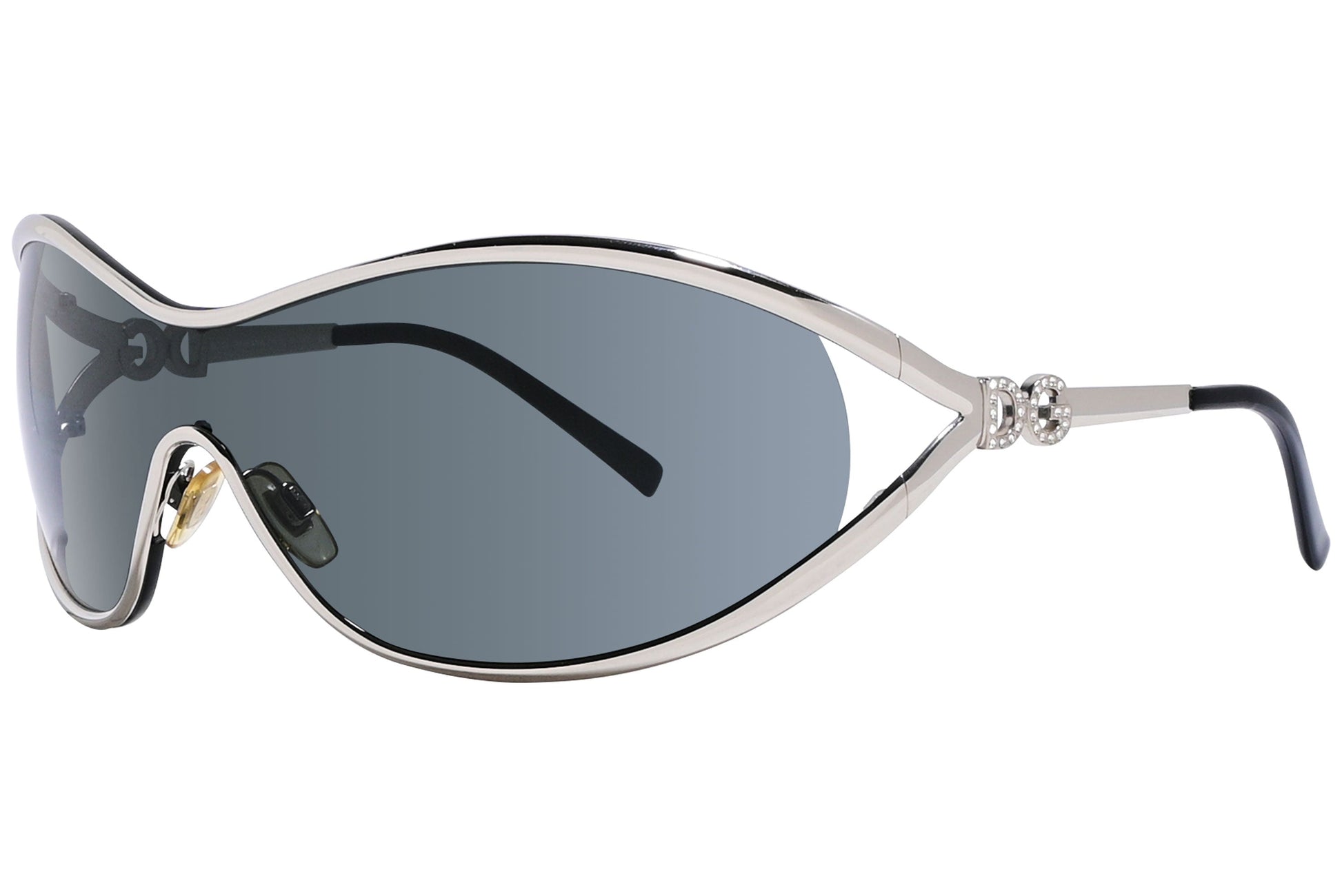Side view of Dolce & Gabbana women’s grey and silver wrap around sunglasses showing contoured arms and reflective lens