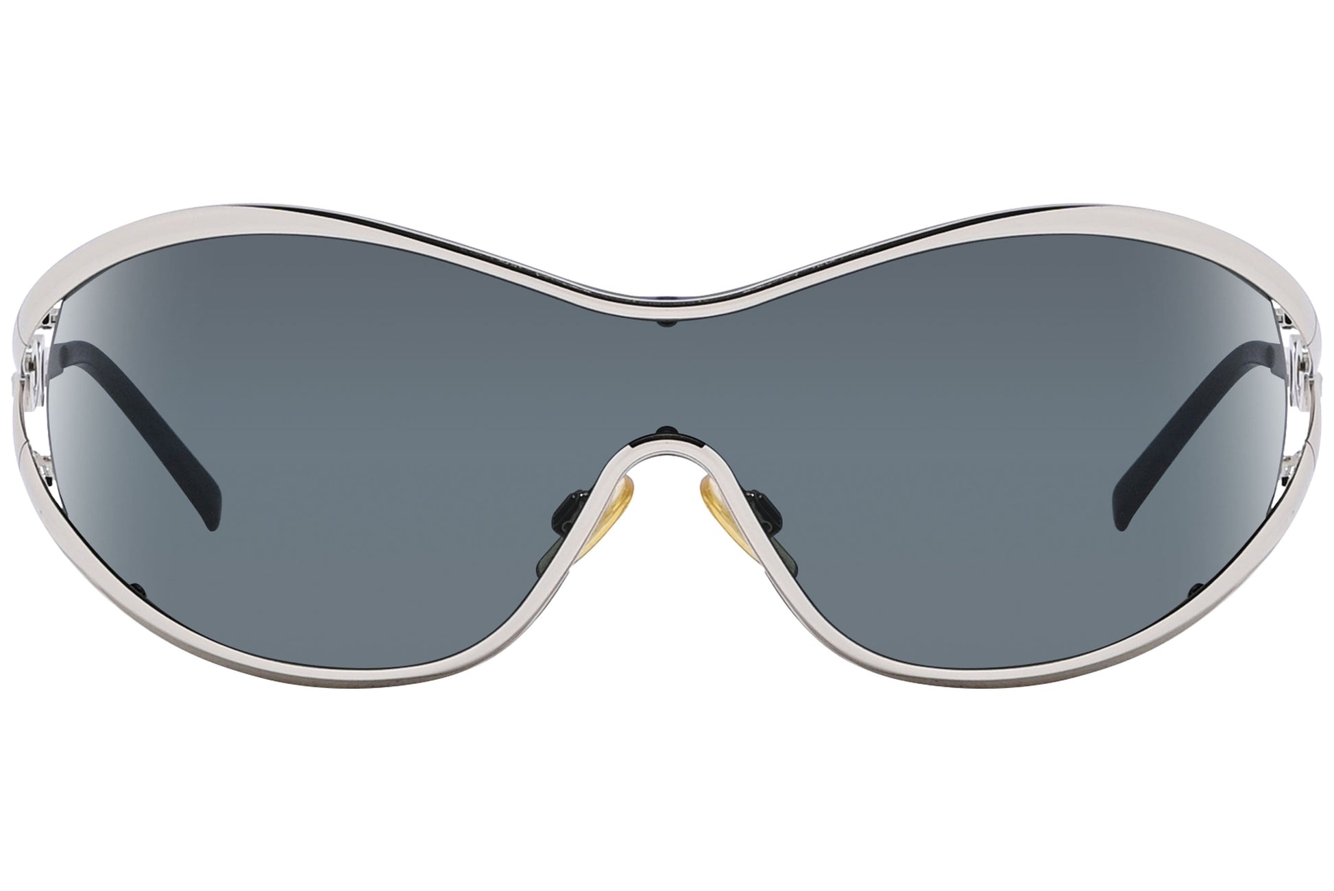 Close-up of Dolce & Gabbana wrap around sunglasses for women in grey with silver frame highlighting lens curve and designer details