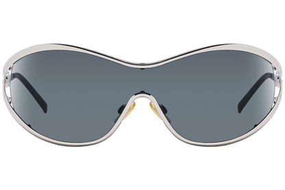 Close-up of Dolce & Gabbana wrap around sunglasses for women in grey with silver frame highlighting lens curve and designer details