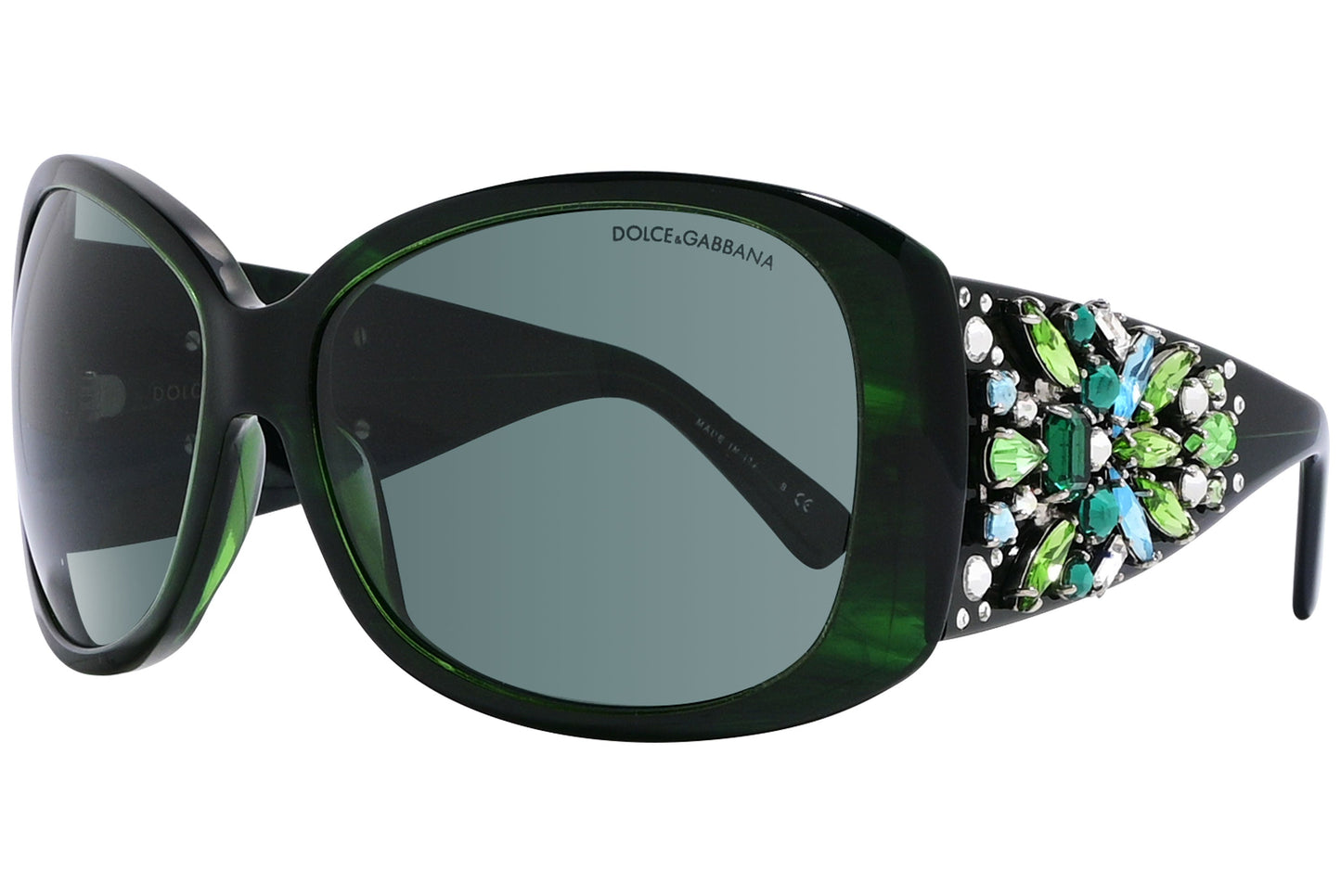 Side view of Dolce & Gabbana green oval sunglasses showing curved profile and sleek designer arms