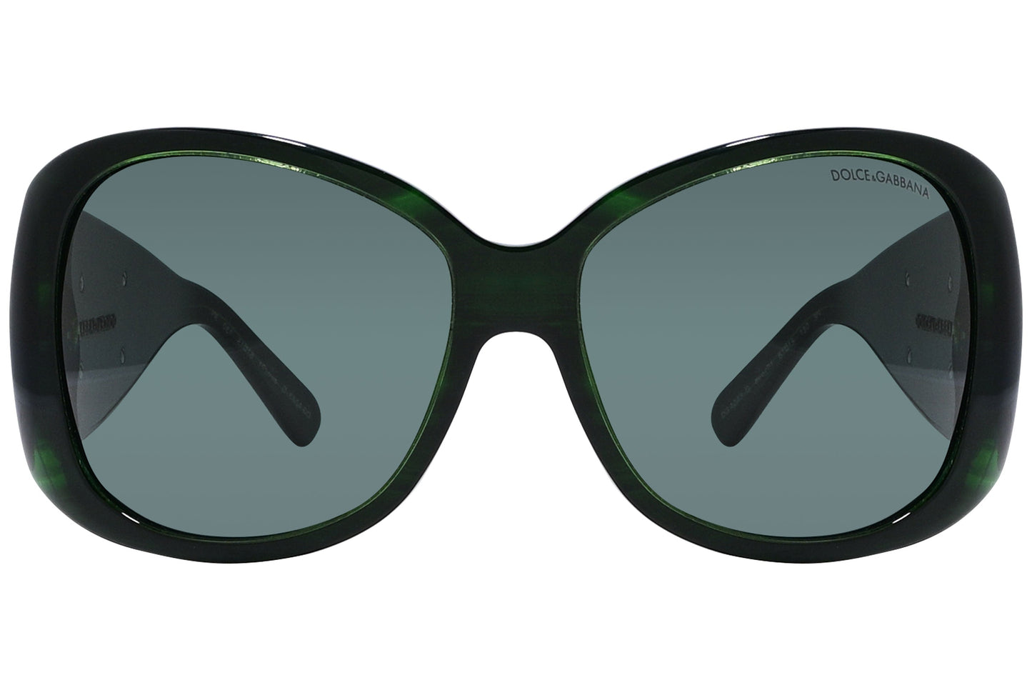 Close-up of Dolce & Gabbana oval sunglasses in green highlighting frame texture and logo detail