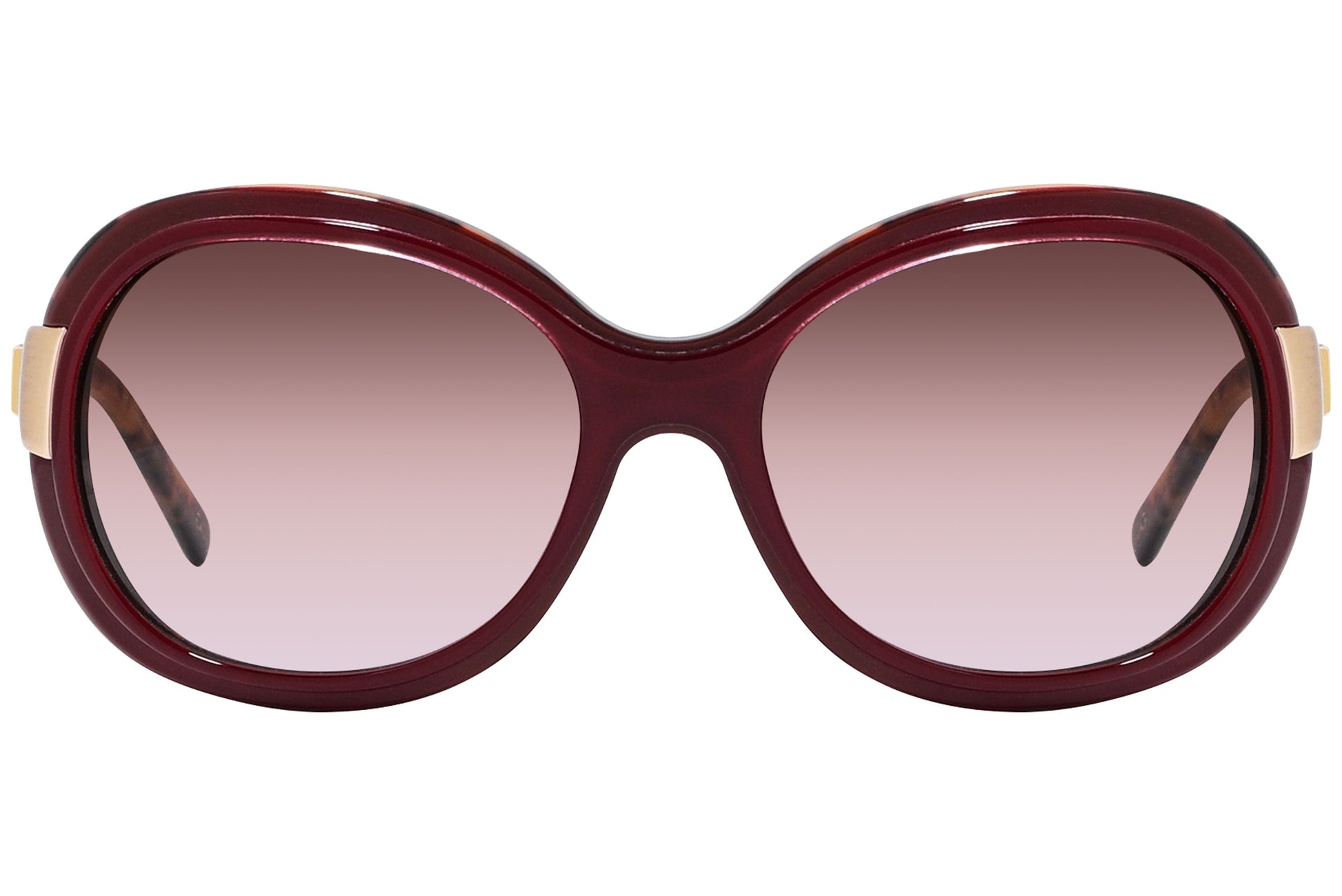 Close-up of Dolce & Gabbana red oval sunglasses with glossy finish and lens detailing
