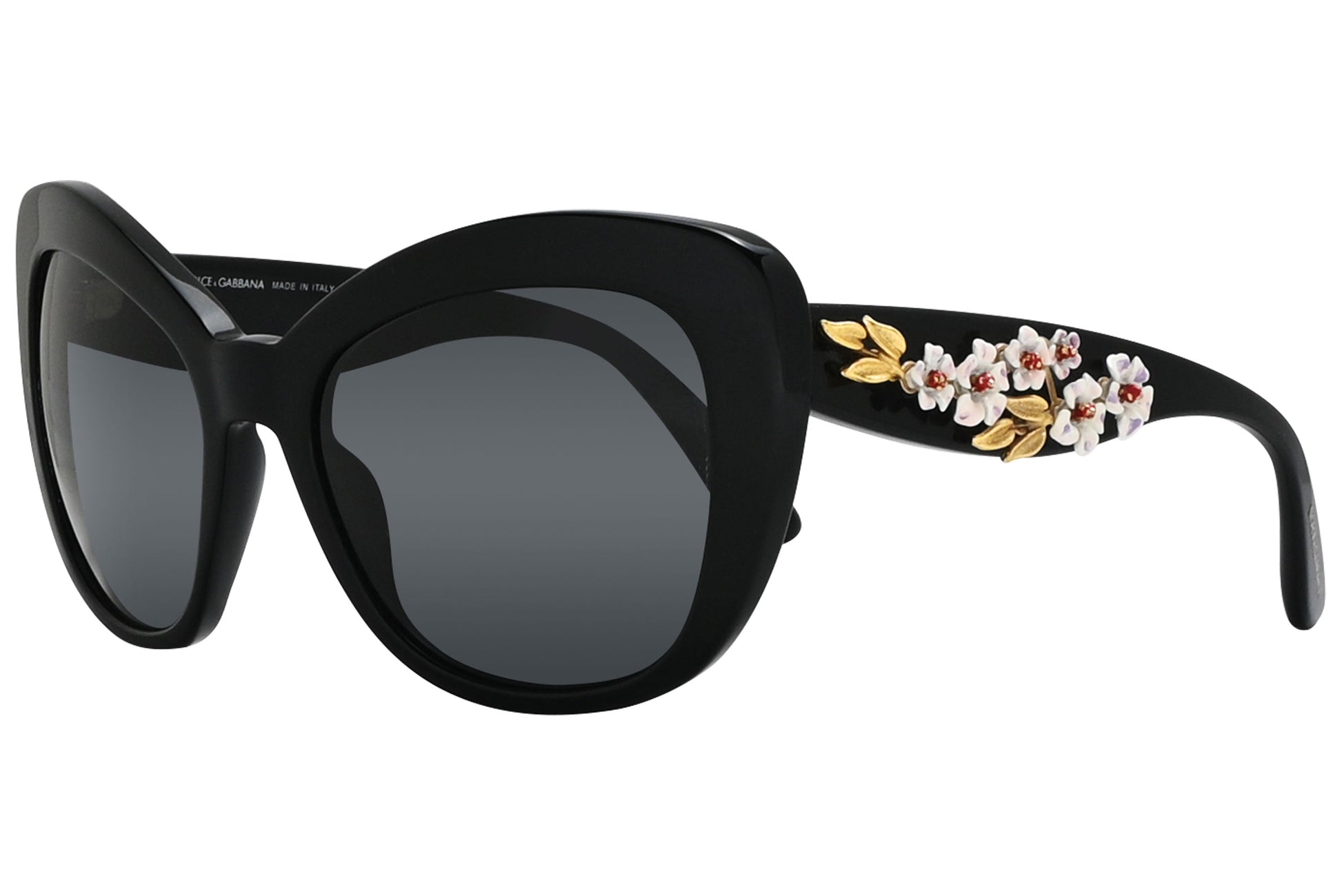 Side view of Dolce & Gabbana black cat-eye sunglasses for women with sharp angles and stylish arms