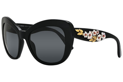 Side view of Dolce & Gabbana black cat-eye sunglasses for women with sharp angles and stylish arms
