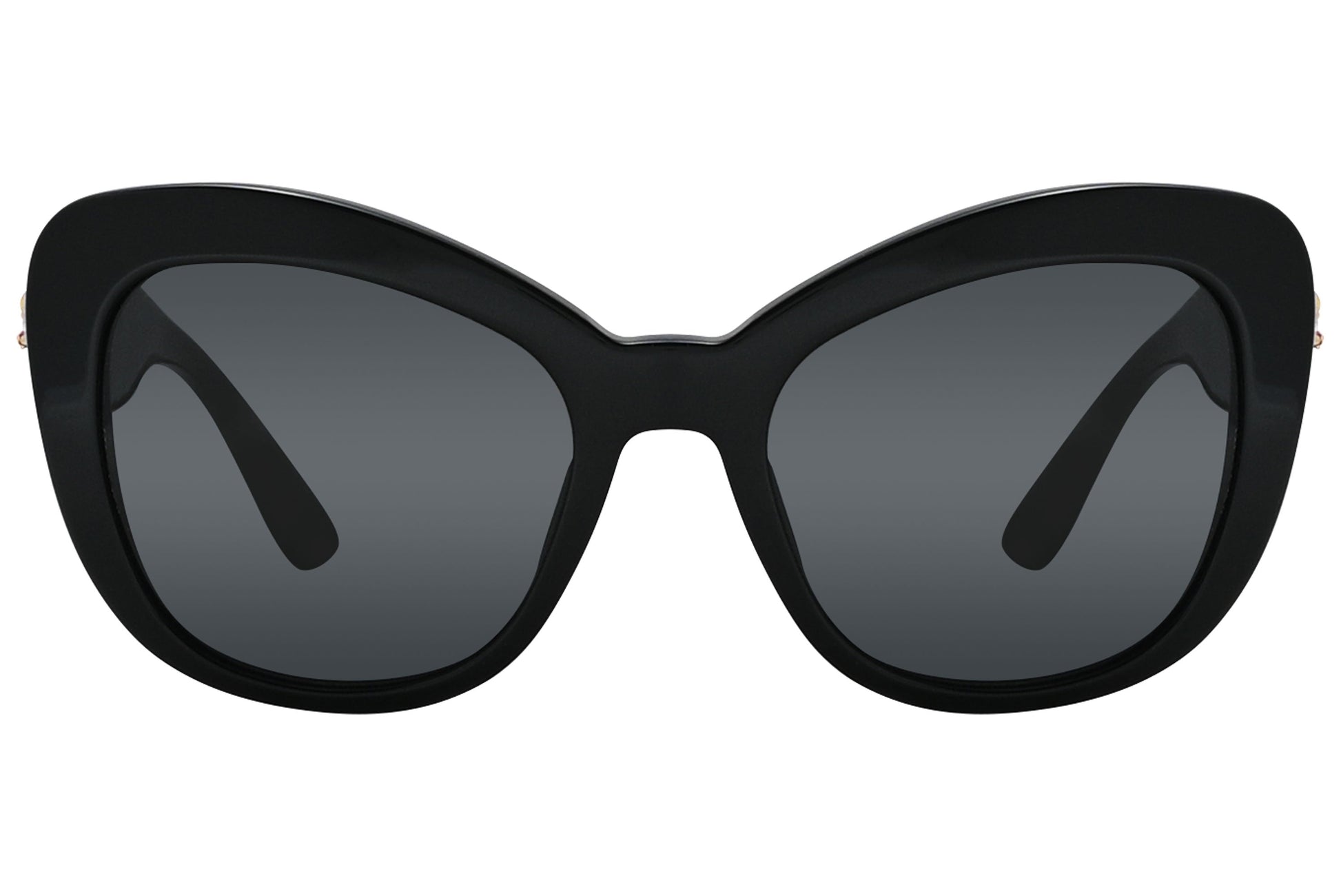 Close-up of Dolce & Gabbana women’s black cat-eye sunglasses showing lens detail and classic frame design