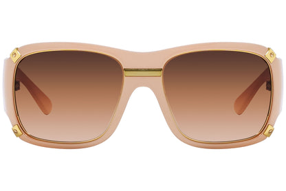 Close-up of Dolce & Gabbana square sunglasses in light brown showing subtle frame color and clean angles