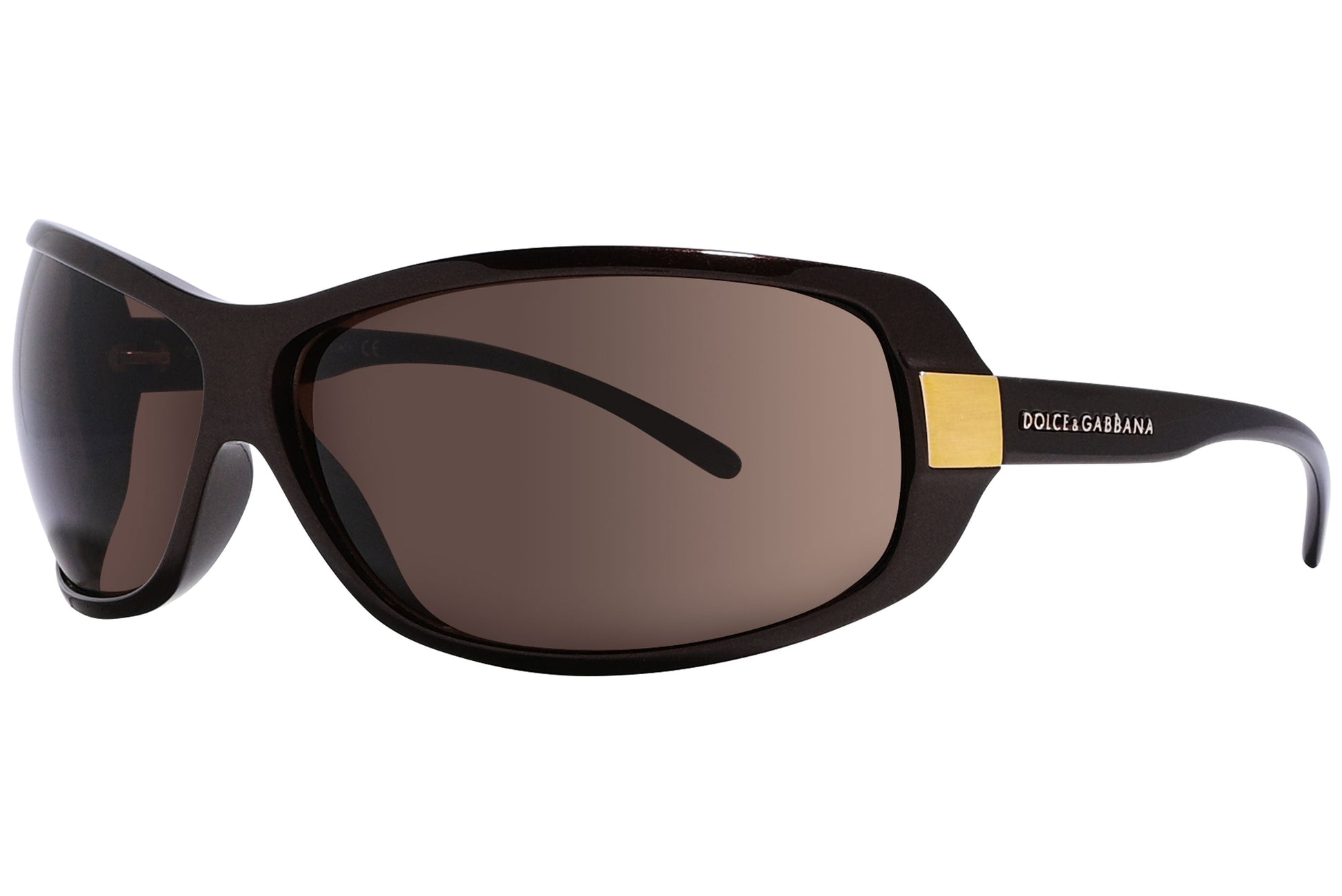 Side view of Dolce & Gabbana brown wrap-around sunglasses with sleek profile and logo on the temple

