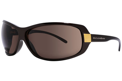Side view of Dolce & Gabbana brown wrap-around sunglasses with sleek profile and logo on the temple

