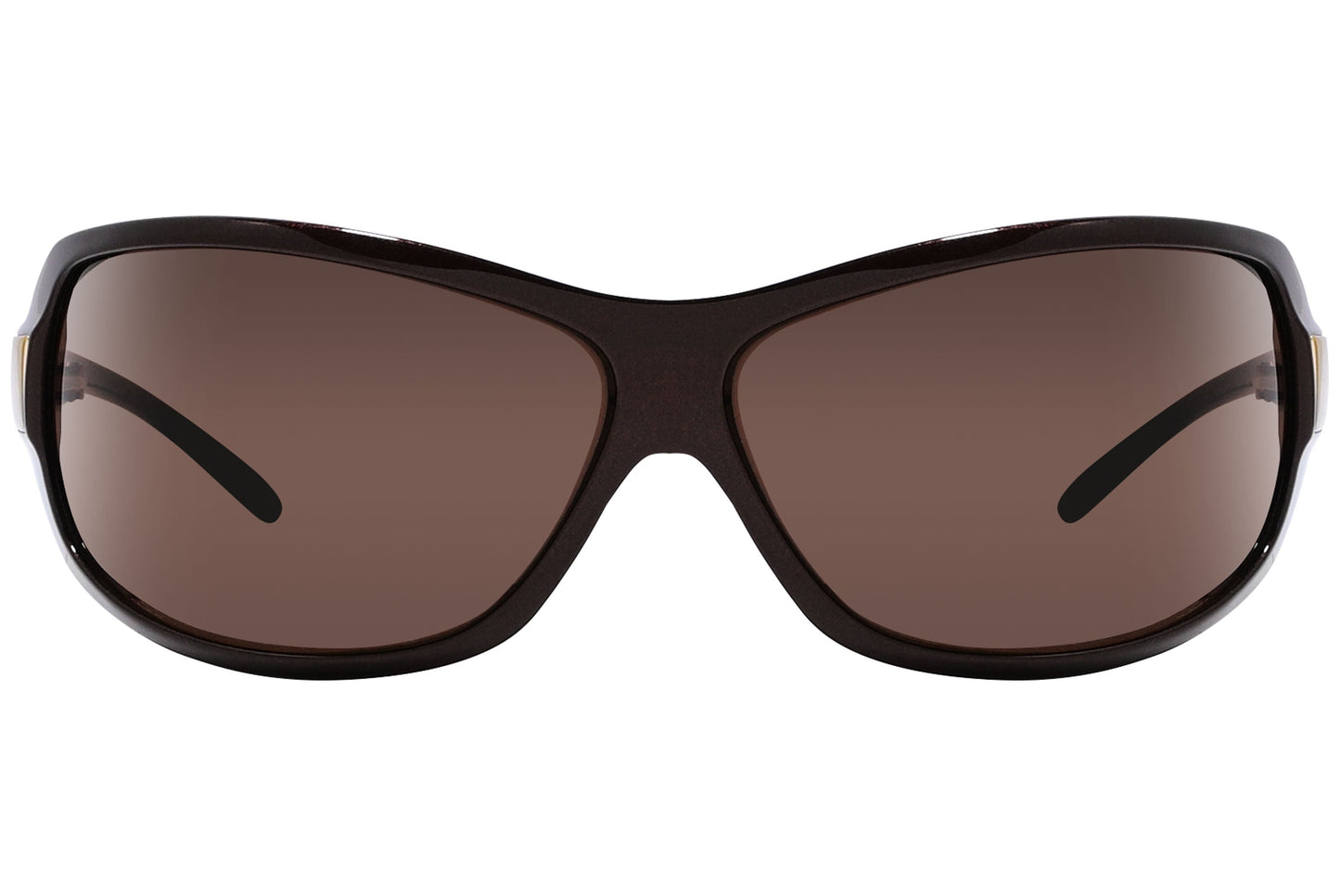 Close-up of Dolce & Gabbana brown wrap-around sunglasses showing shield lens curve and rich frame finish