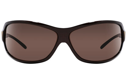 Close-up of Dolce & Gabbana brown wrap-around sunglasses showing shield lens curve and rich frame finish