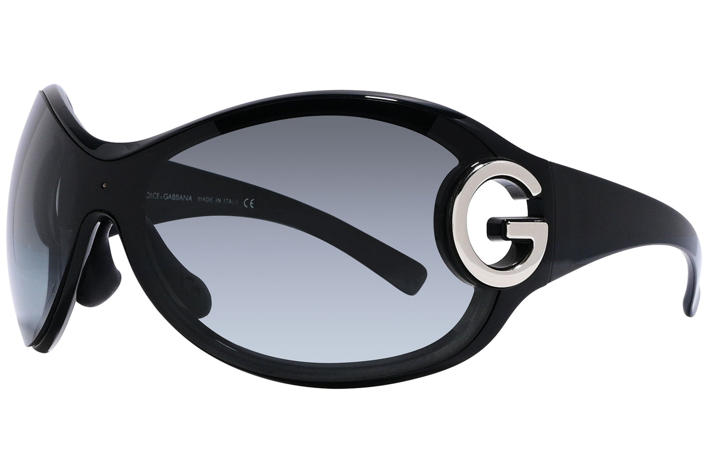 Side view of Dolce & Gabbana black wrap-around sunglasses with sleek, sculpted frame and luxury branding