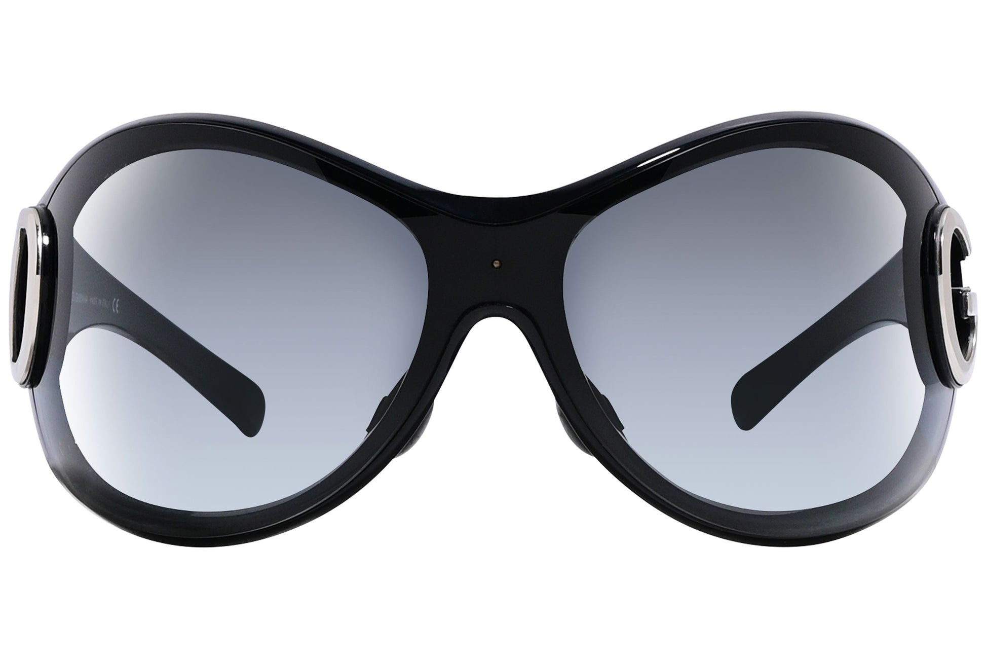 Close-up of Dolce & Gabbana wrap-around sunglasses in black showing shield lens and matte frame detail