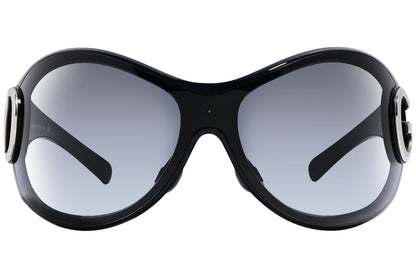 Close-up of Dolce & Gabbana wrap-around sunglasses in black showing shield lens and matte frame detail