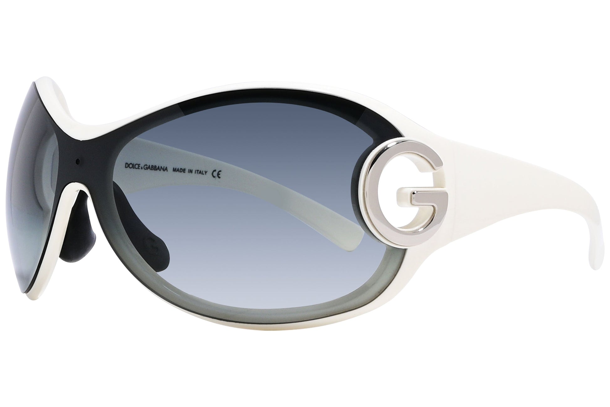 Side view of Dolce & Gabbana wrap-around sunglasses in black and white with sculpted arms and logo accent

