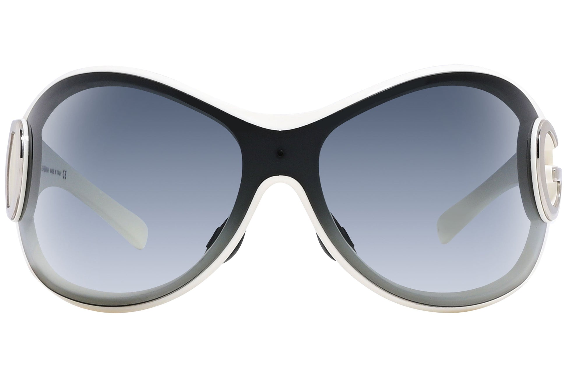 Close-up of Dolce & Gabbana black and white wrap-around sunglasses highlighting frame contrast and lens curve

