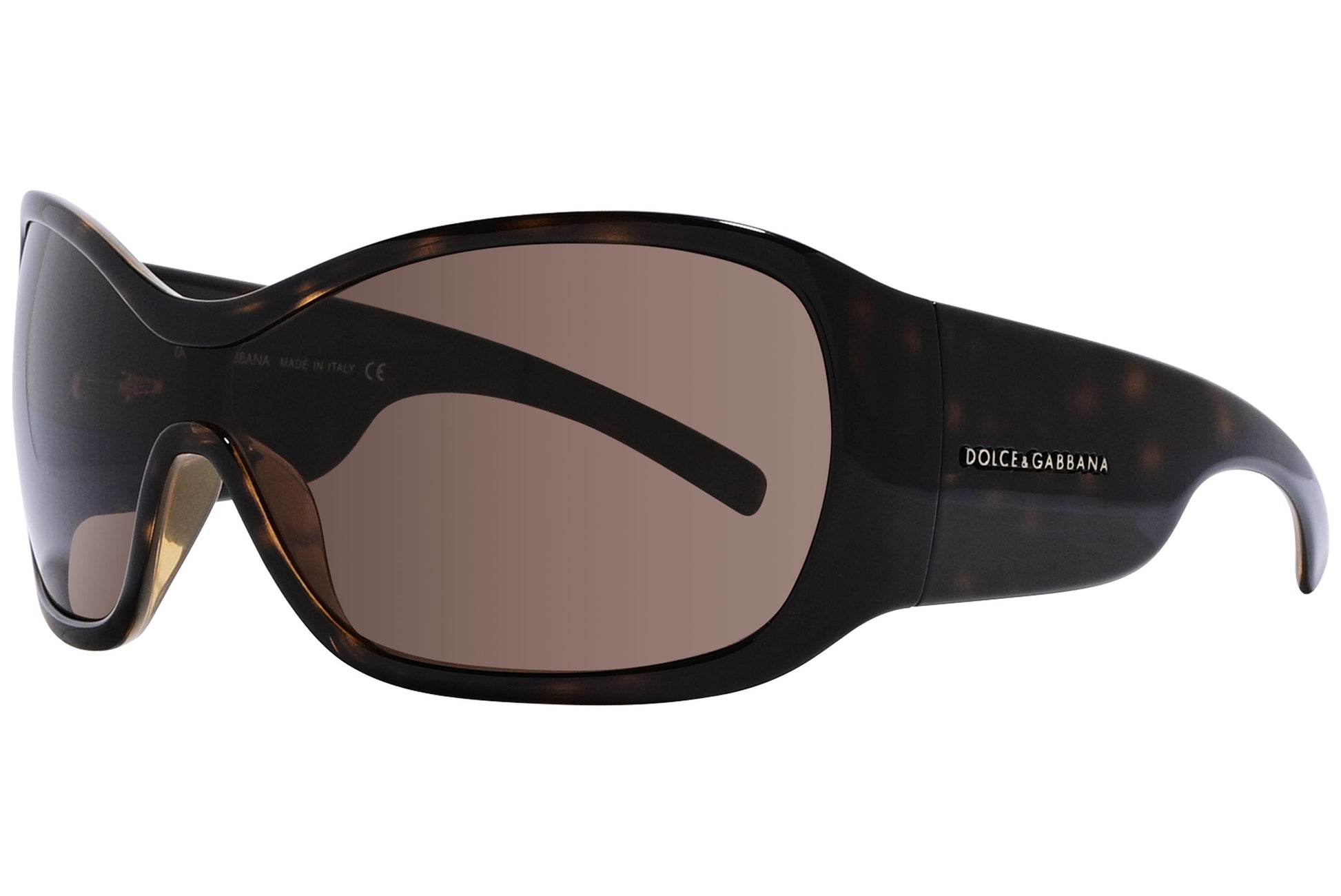 Side view of Dolce & Gabbana tortoise wrap-around sunglasses with sculpted arms and classic frame finish
