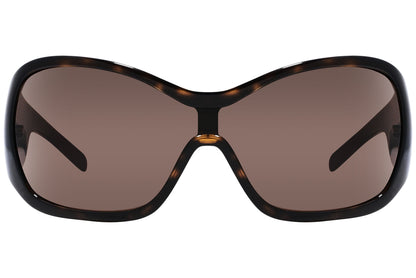 Close-up of Dolce & Gabbana wrap-around sunglasses in tortoise showing texture and lens design