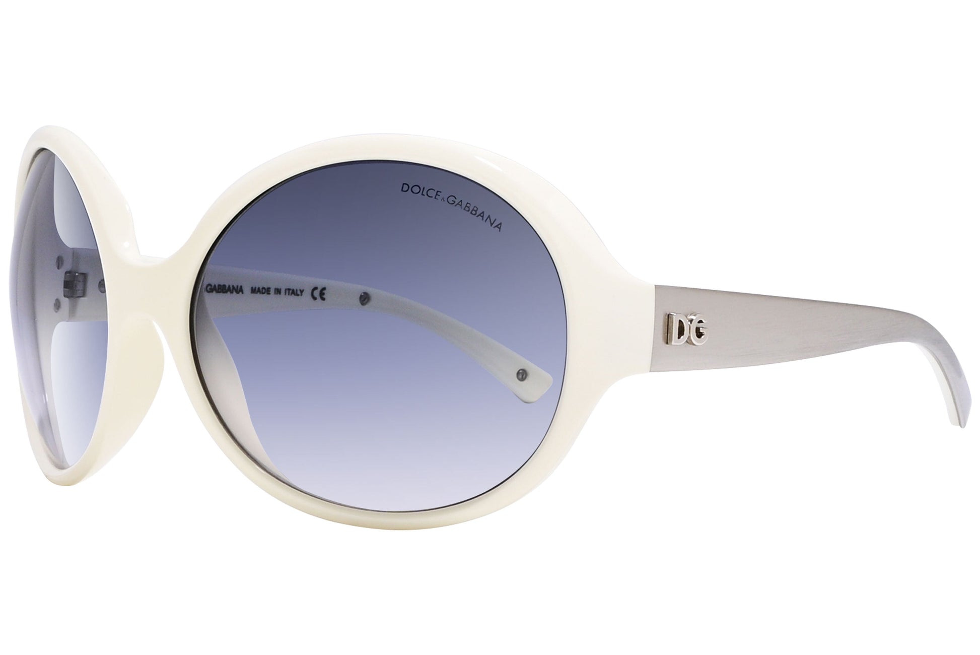 Close-up of Dolce & Gabbana purple and silver oval sunglasses showing lens tint and luxury frame finish