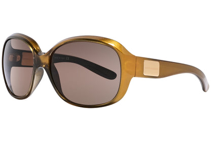 Side view of Dolce & Gabbana yellow wrap-around sunglasses with sleek frame and signature branding