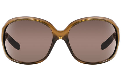 Close-up of Dolce & Gabbana wrap-around sunglasses in yellow showing lens curve and modern design