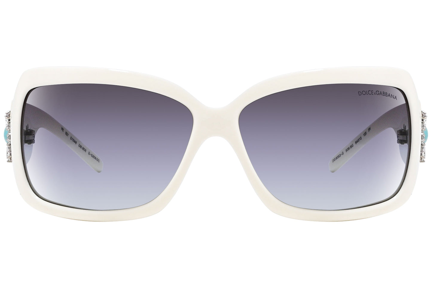 Close-up of Dolce & Gabbana white square sunglasses showing thick frame and luxury detailing