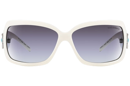 Close-up of Dolce & Gabbana white square sunglasses showing thick frame and luxury detailing
