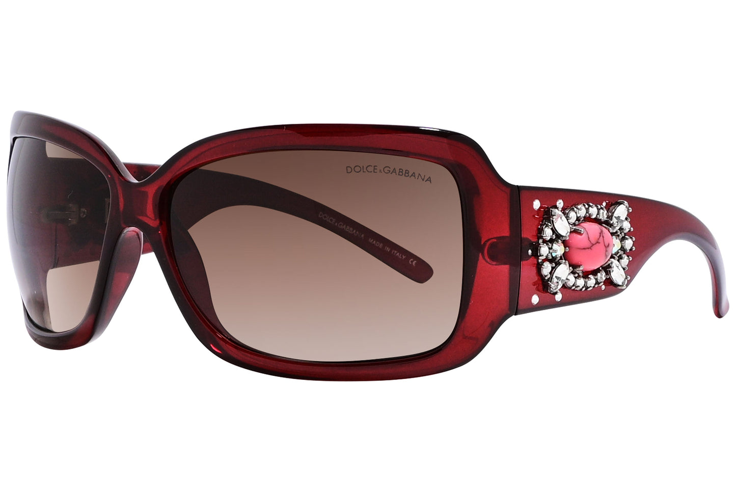 Close-up of Dolce & Gabbana red wrap-around sunglasses showing vibrant frame and shield-style lens