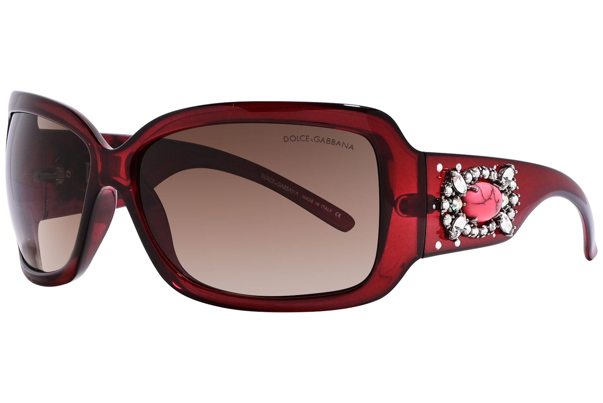 Close-up of Dolce & Gabbana red wrap-around sunglasses showing vibrant frame and shield-style lens